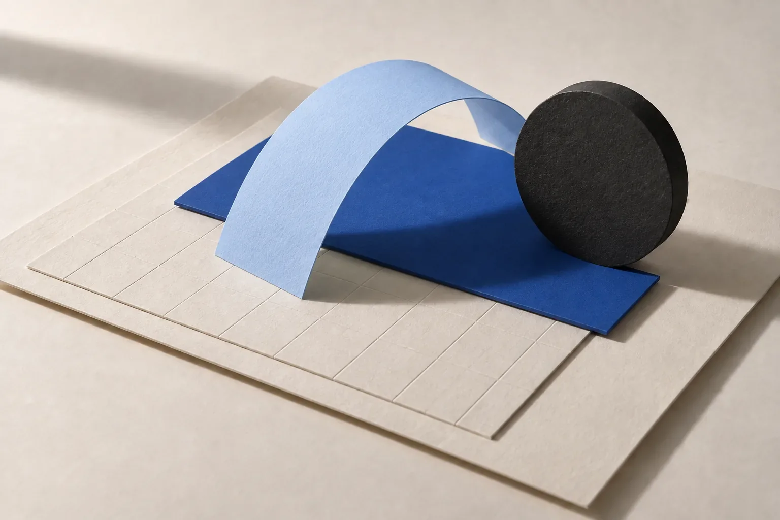 Composición editorial de papel y formas geométricas en azul corporativo y azul claro sobre una retícula marfil.