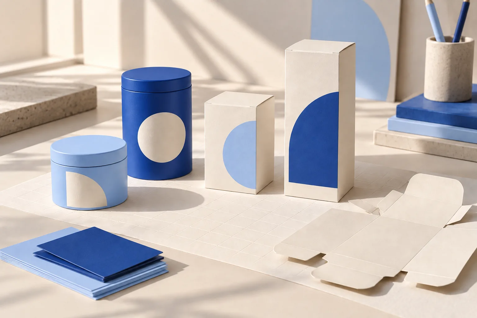 Familia de envases sin marca en azul corporativo, azul claro y marfil sobre una mesa de diseño.