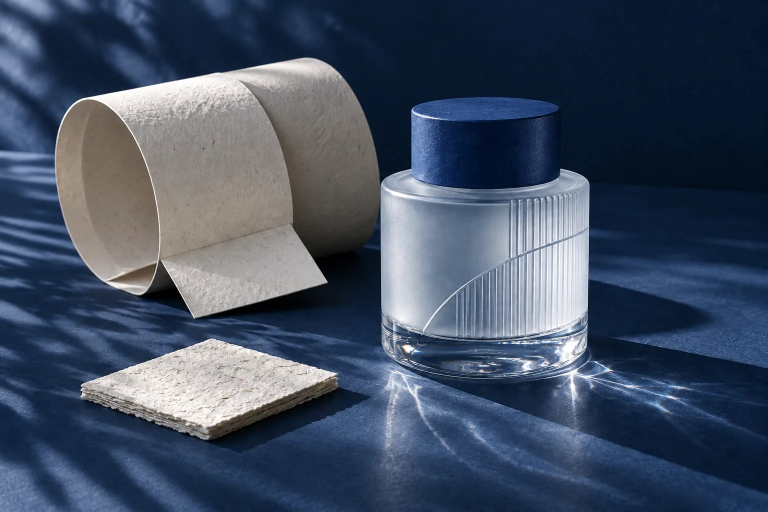 Envase de vidrio grabado con tapa azul y muestras de papel texturado sobre un fondo azul marino.